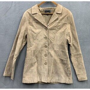 Marcelle Renee Leather Jacket Women’s Large Tan Notch 5 Button Style 2119
